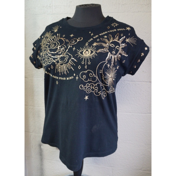 Johnny Was Relaxed Sequin Top Warm Your Soul Sz M-shirt Black Gold Embroided - Picture 10 of 11
